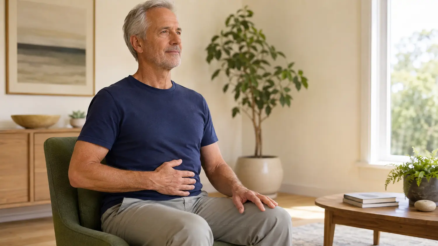 Man practicing diaphragmatic breathing and gentle pelvic floor coordination while seated at home