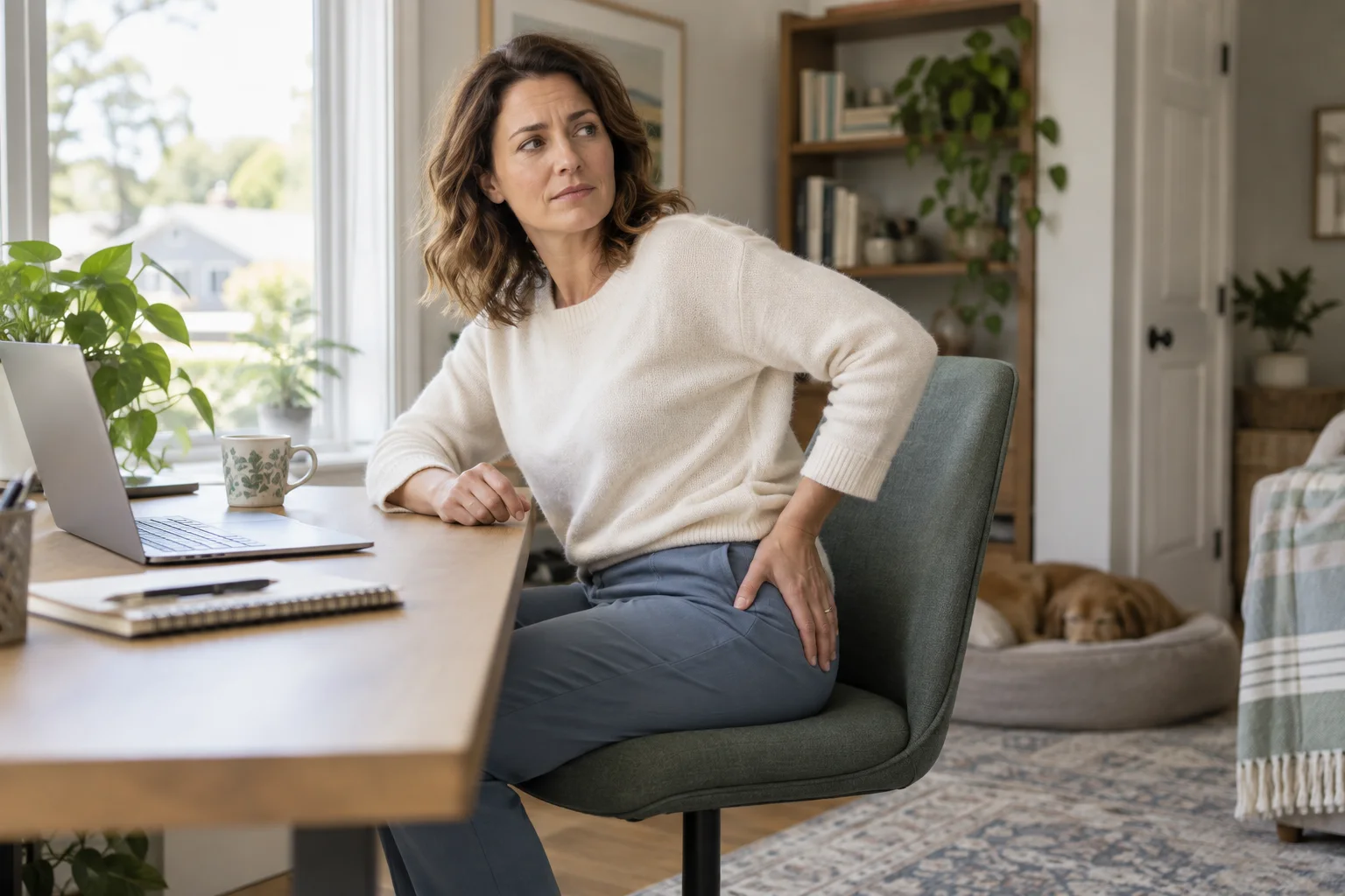 Woman pausing at her home-office desk with a hand resting on her hip