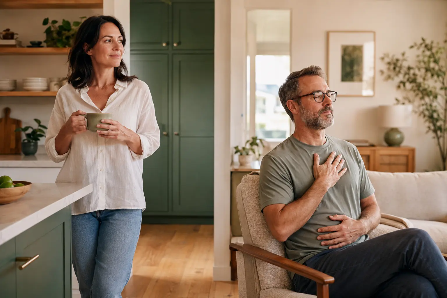 Woman and man feeling confident and comfortable at home while learning about pelvic health
