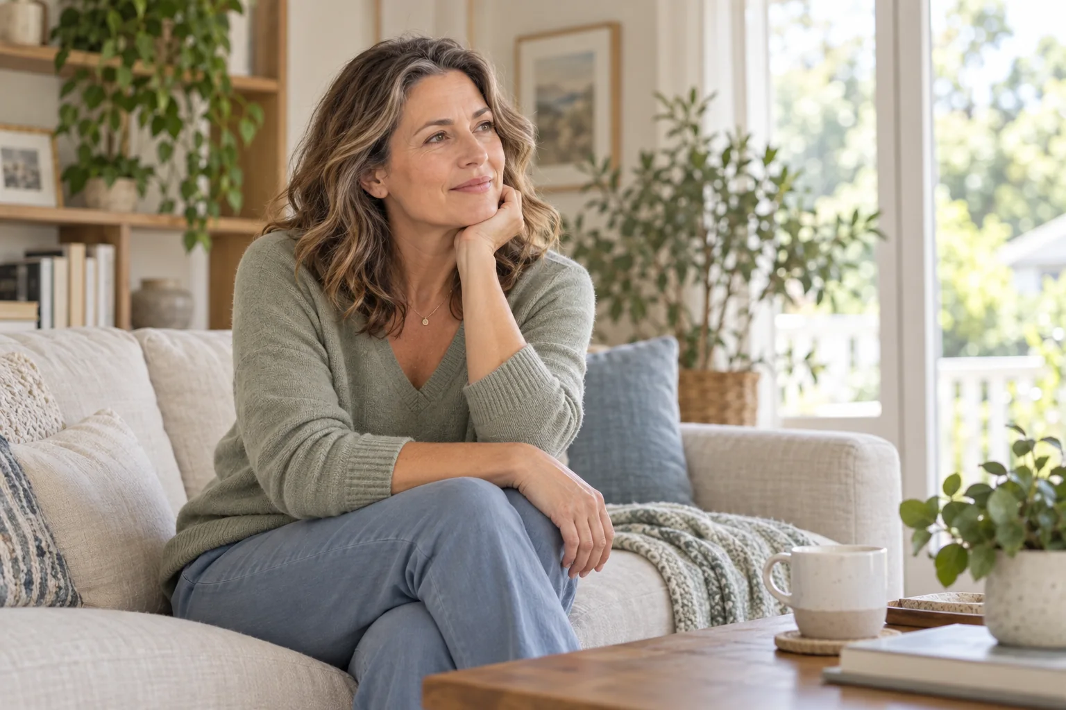 Midlife woman relaxing at home while learning about bladder health during perimenopause and menopause