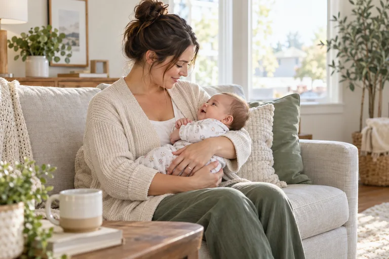 Illustrative image of a mother holding her baby comfortably on a sofa at home