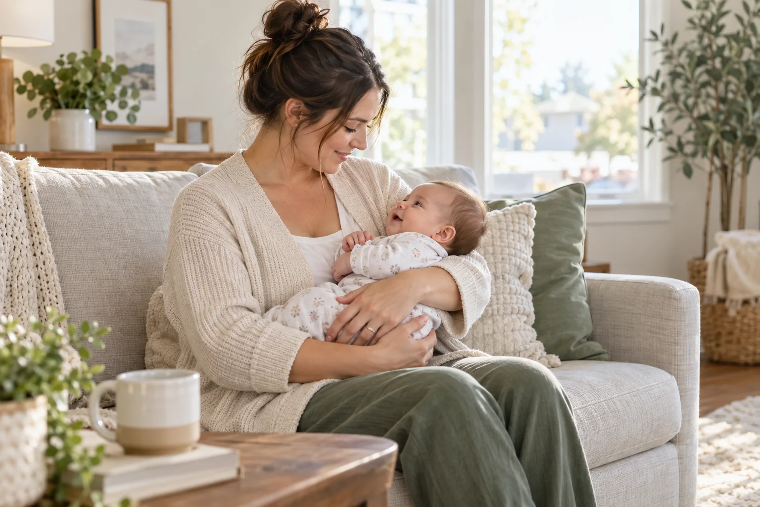 Illustrative image of a mother holding her baby comfortably on a sofa at home