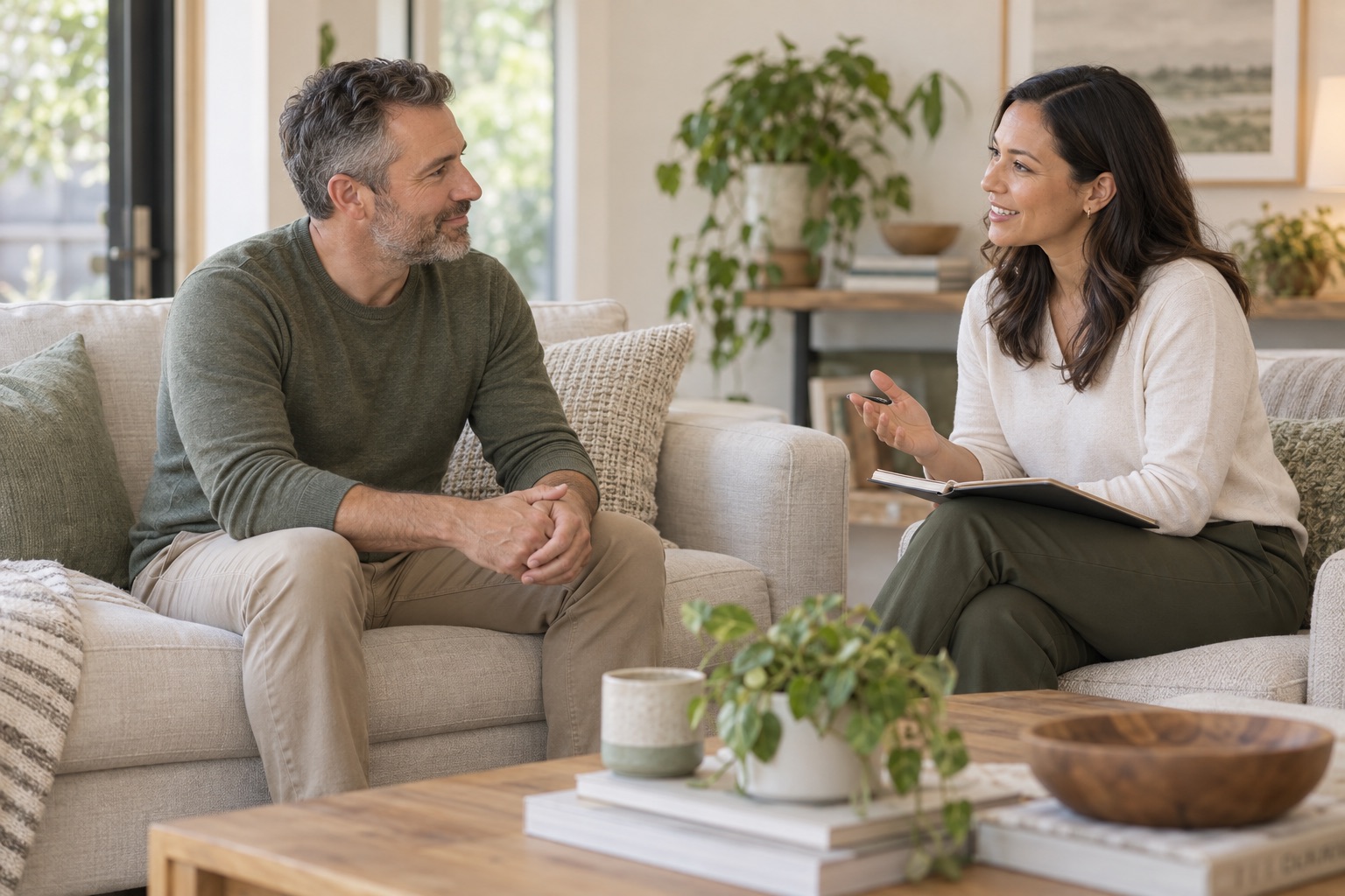 Man speaking with a pelvic floor physical therapist during a private in-home consultation