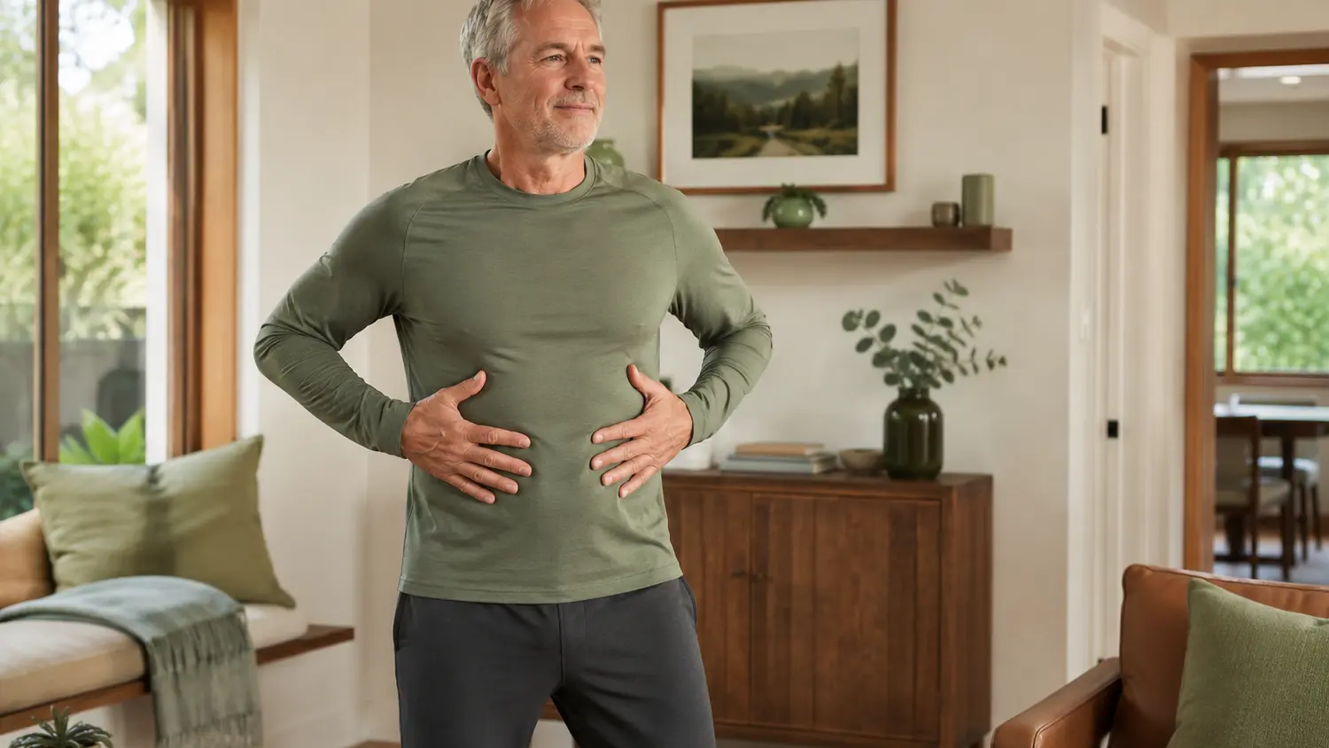Man practicing breathing and core coordination during recovery after prostate surgery