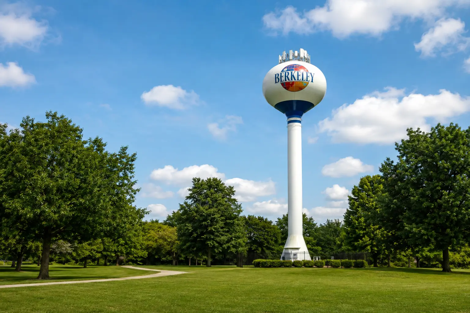 Berkeley water tower rising above a tree-lined community park in Berkeley, Illinois