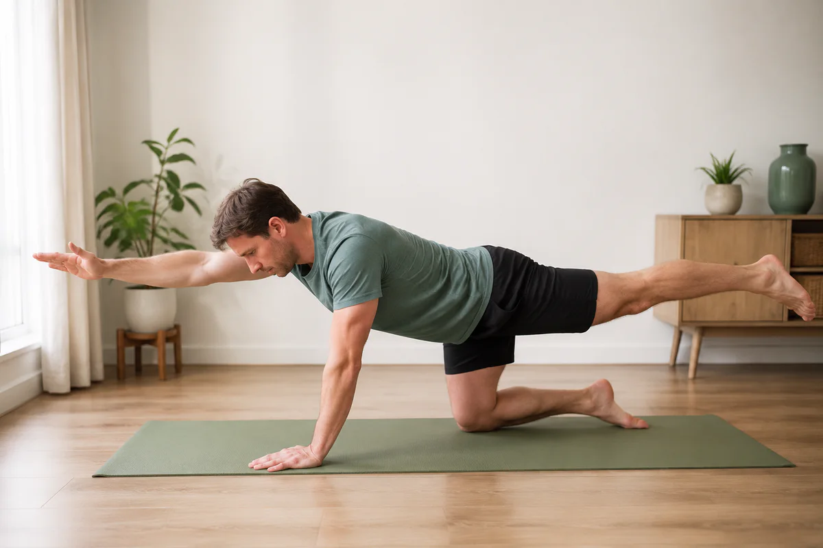 Man demonstrating a bird-dog reach with opposite arm and leg extended and a level pelvis