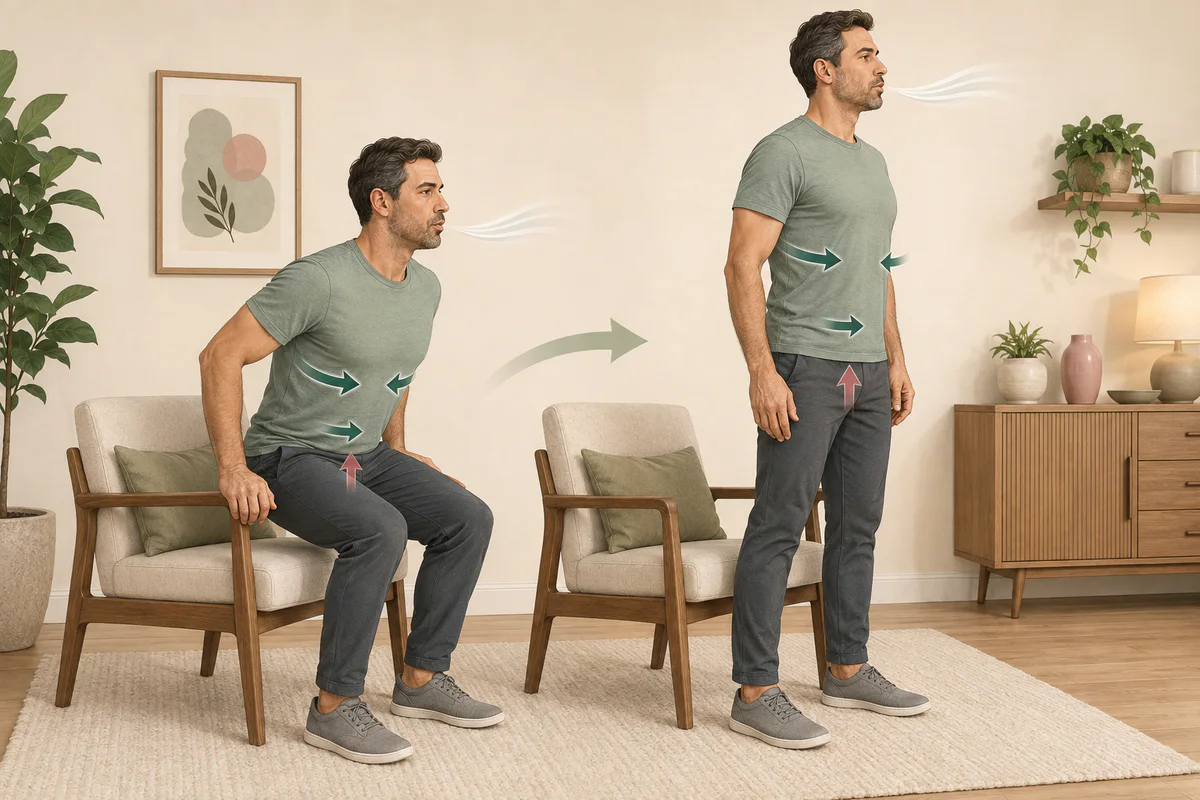Illustration showing a man steadily exhaling while rising from a chair