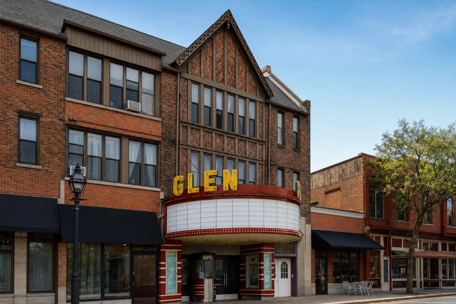 Historic Glen Theatre marquee and brick façade in downtown Glen Ellyn, Illinois