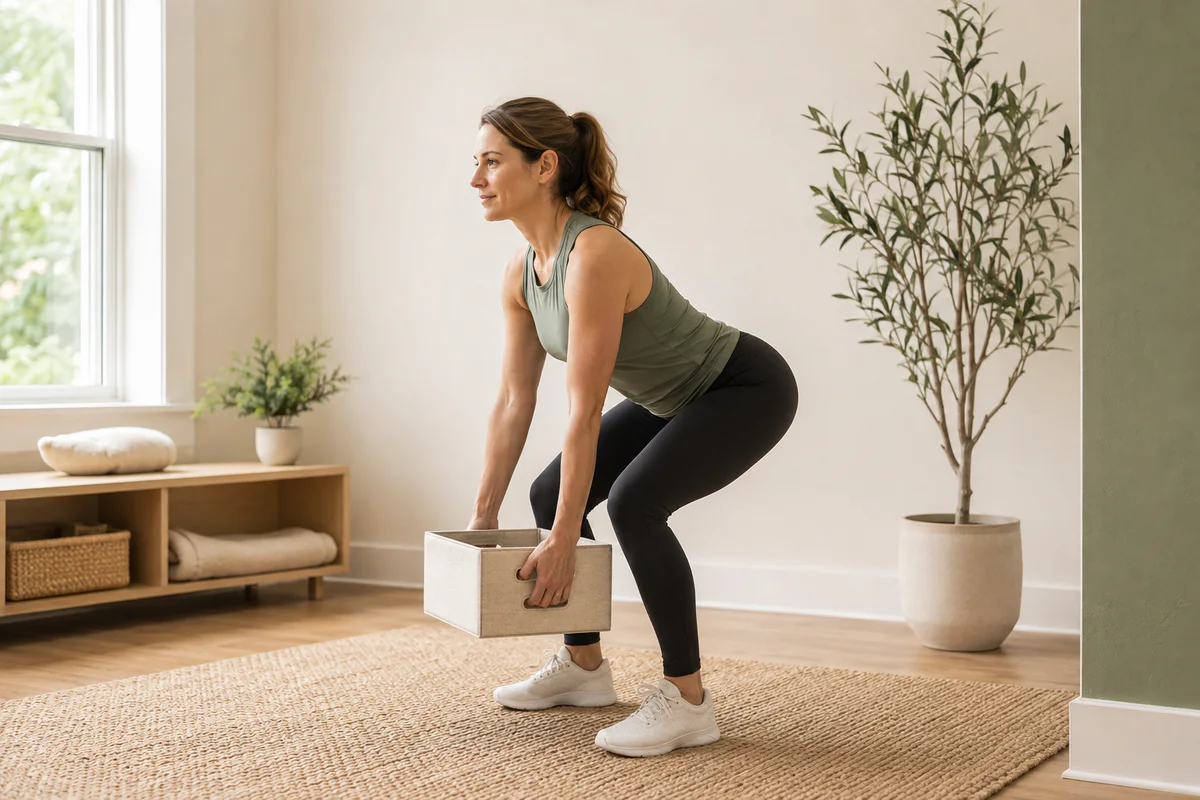 Woman demonstrating a hip-hinge lift with a light box held close to her body