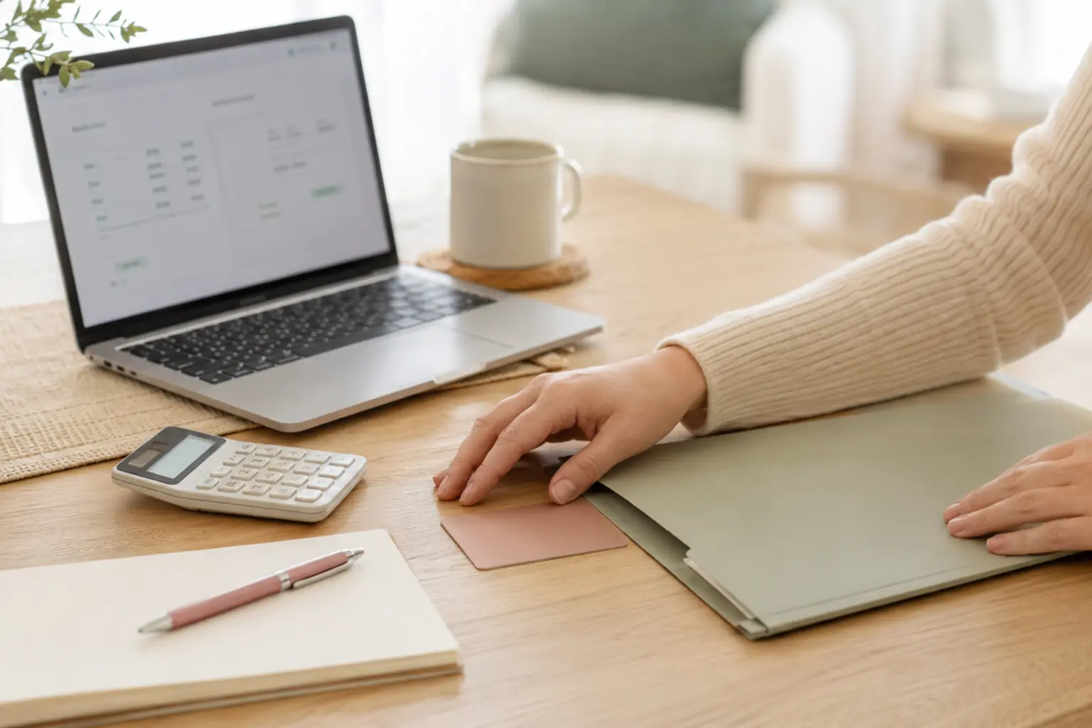 Woman organizing insurance and cost information at home before pelvic floor physical therapy