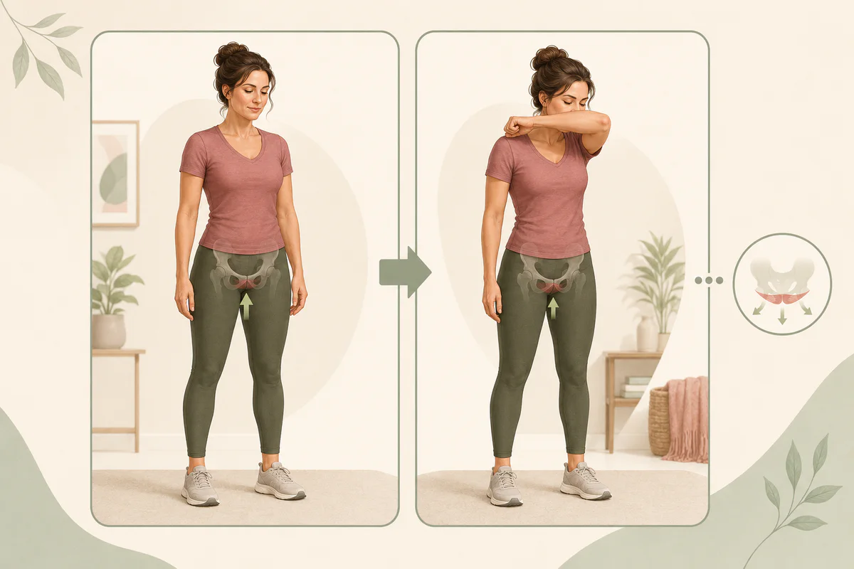 Two-step illustration showing a gentle pelvic floor contraction immediately before coughing into the elbow