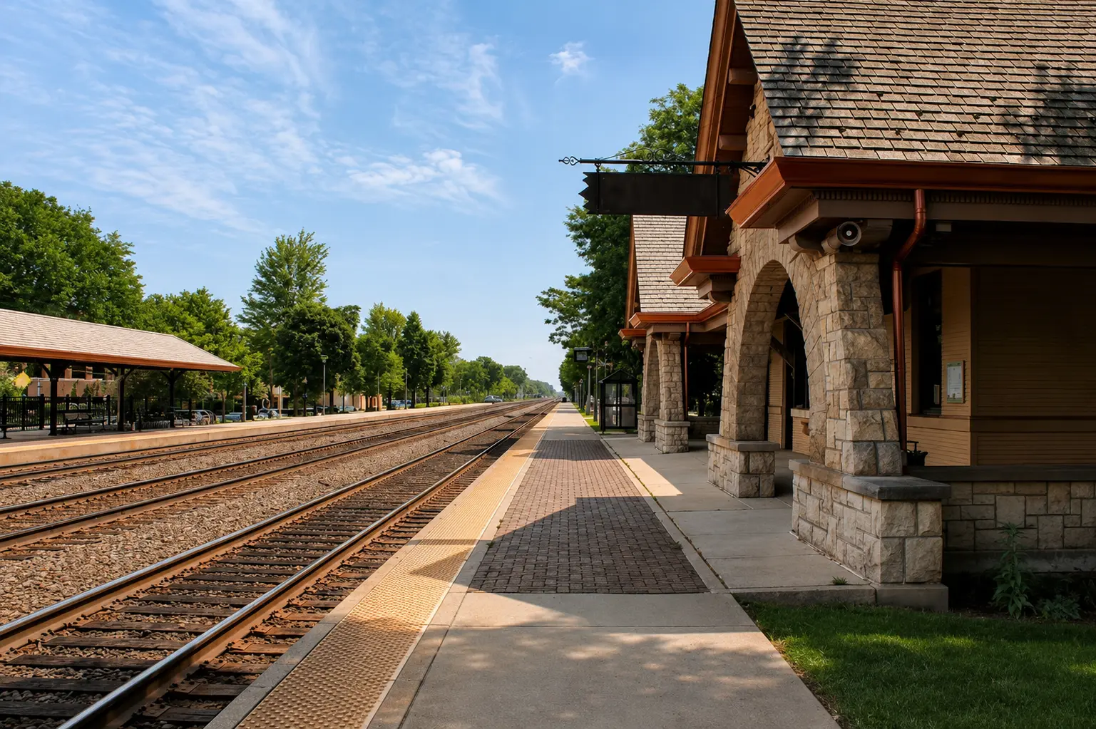 Historic La Grange train station and railroad platform in La Grange, Illinois