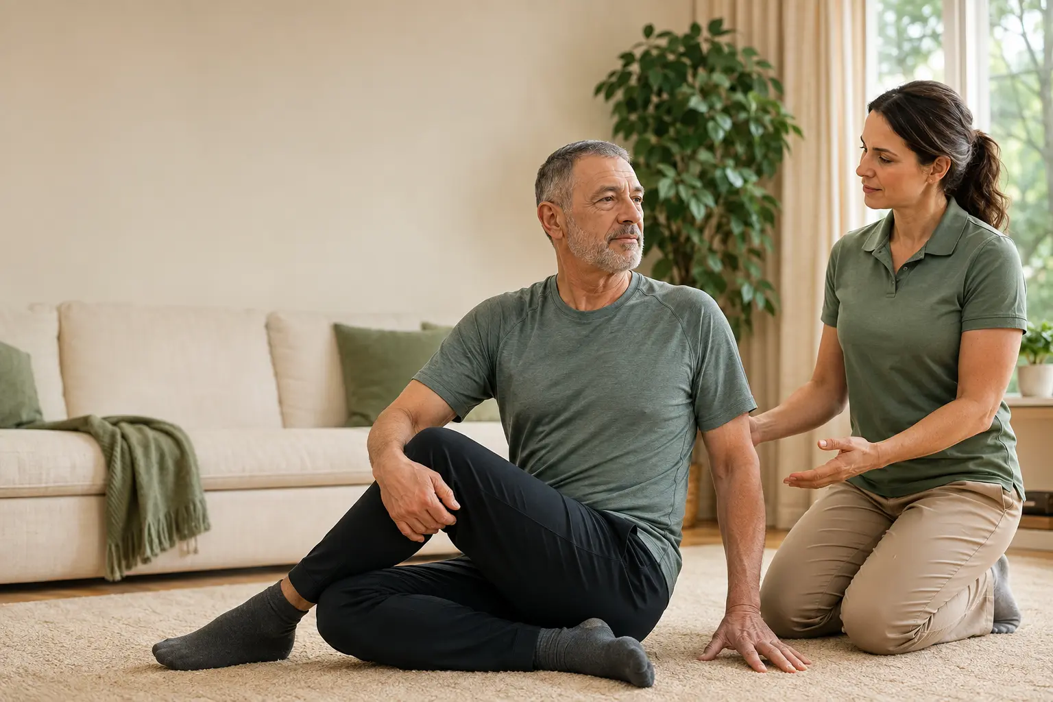 Pelvic floor physical therapist discussing movement with a male patient during a private in-home pelvic pain visit