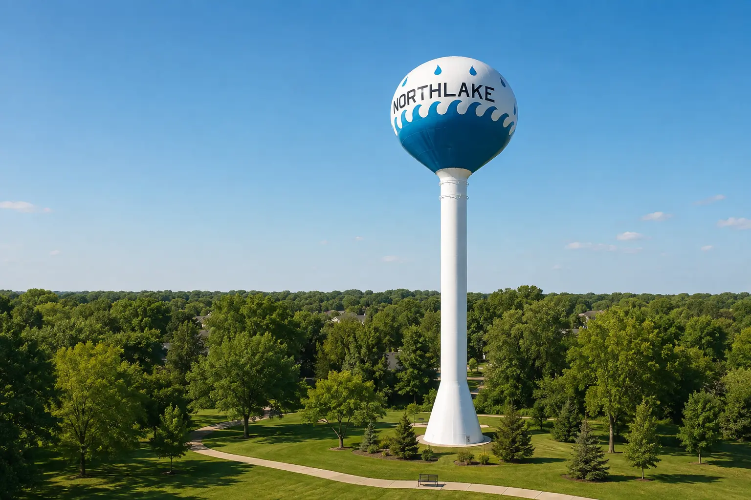 Aerial view of the Northlake water tower overlooking a tree-lined park in Northlake, Illinois