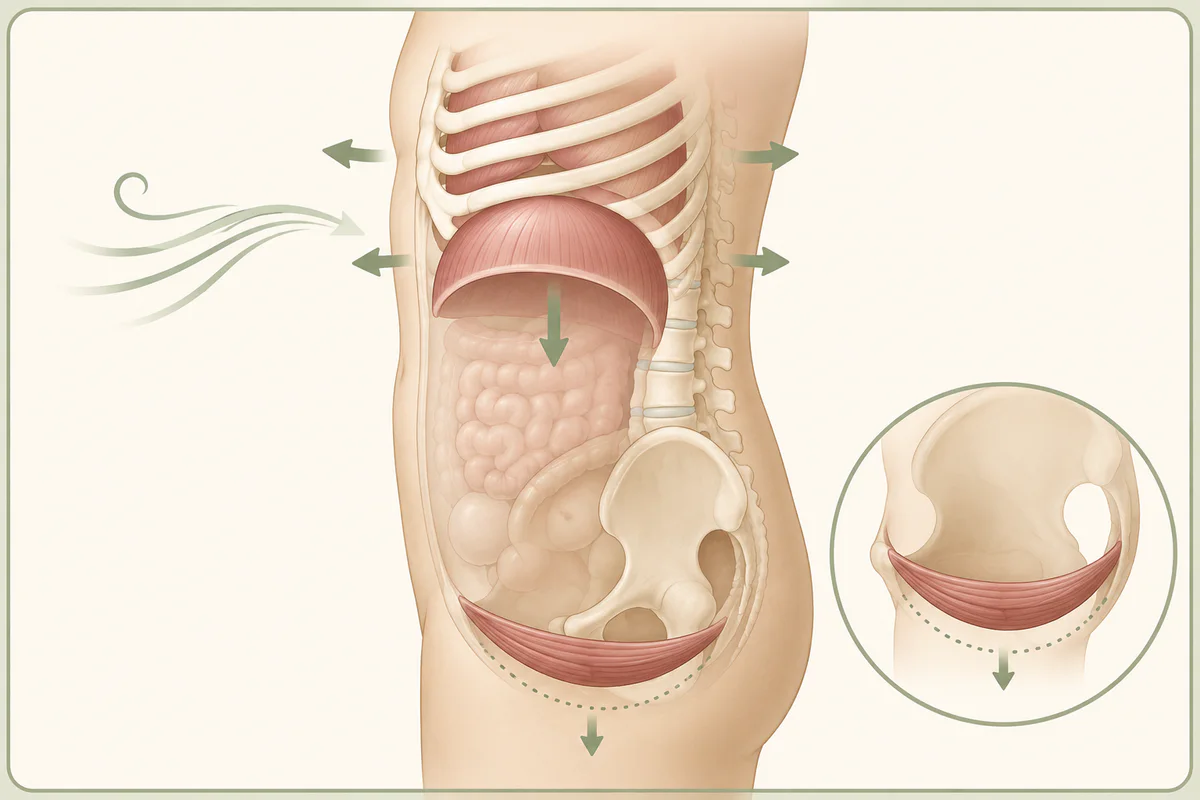 Medical illustration showing rib expansion, diaphragm movement and gentle pelvic floor lengthening during a reverse Kegel