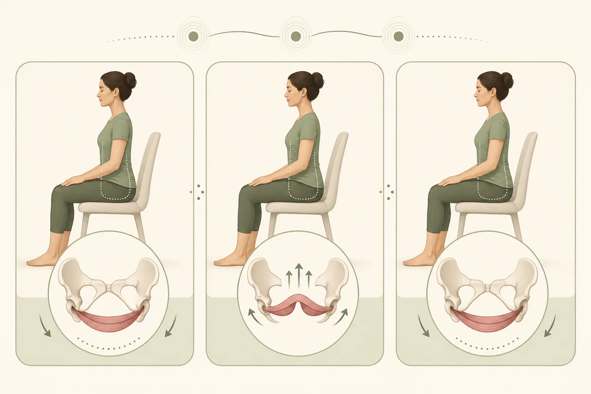 Three-stage medical illustration showing a pelvic floor contraction followed by complete relaxation