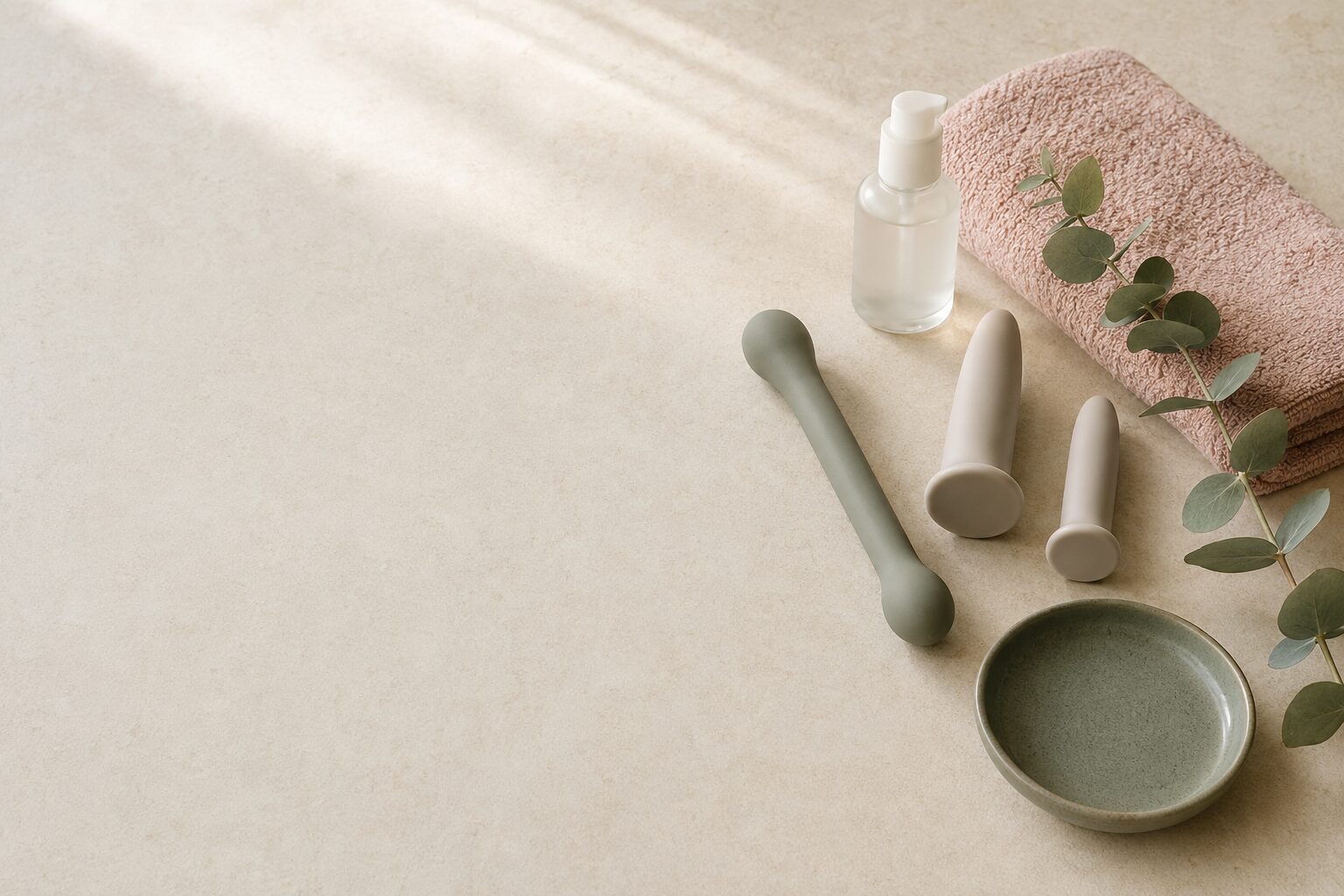 Pelvic health self-care products arranged on a warm neutral surface