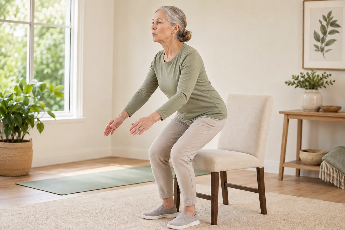 Older woman exhaling while rising with control from a stable chair