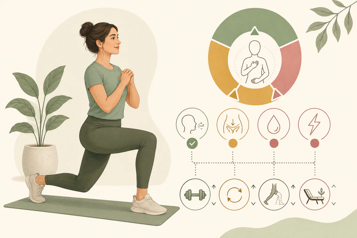 Patient-friendly illustration showing a person exercising while monitoring symptoms and adjusting load, range, repetitions and rest