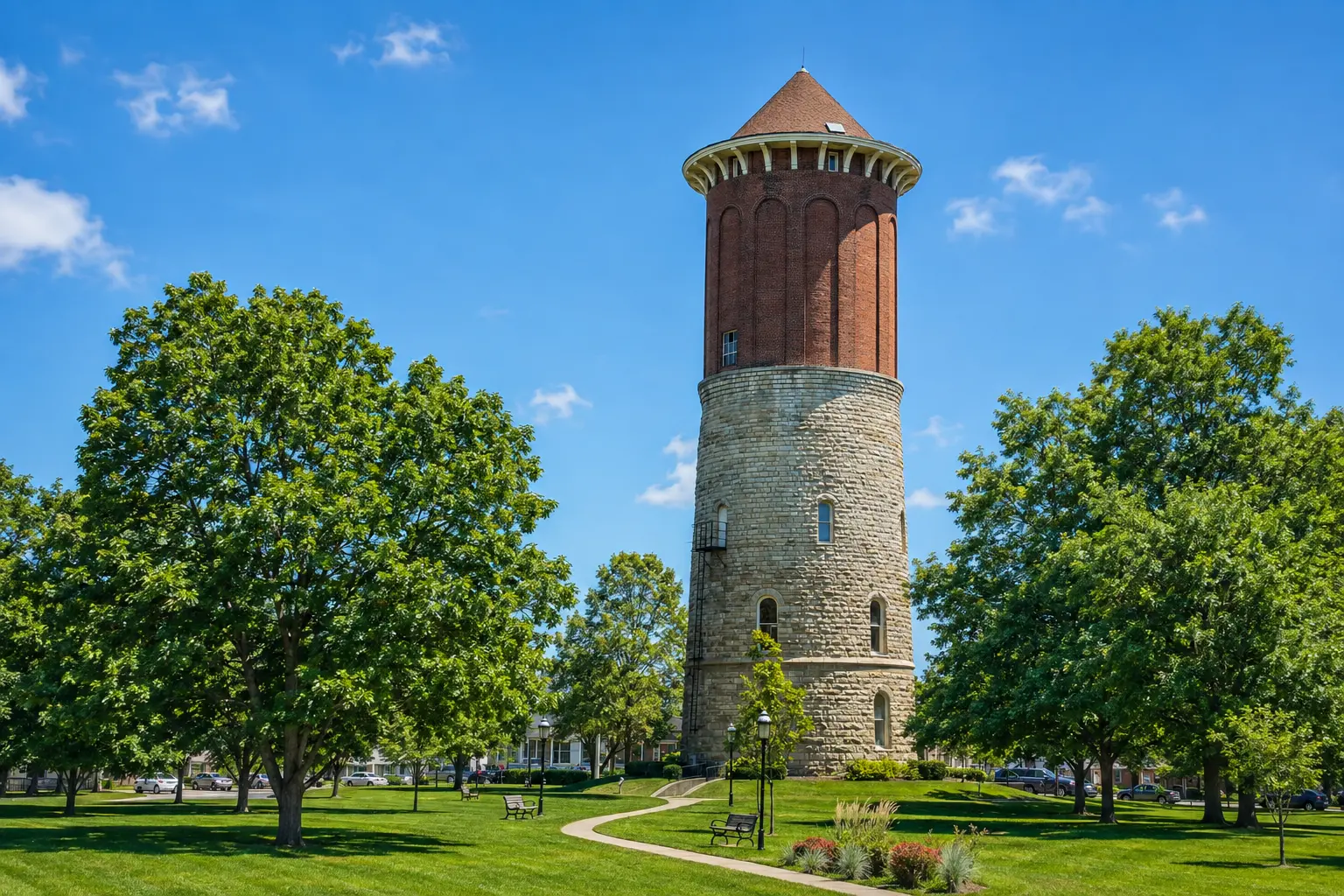 Historic Western Springs Water Tower surrounded by trees in Western Springs, Illinois