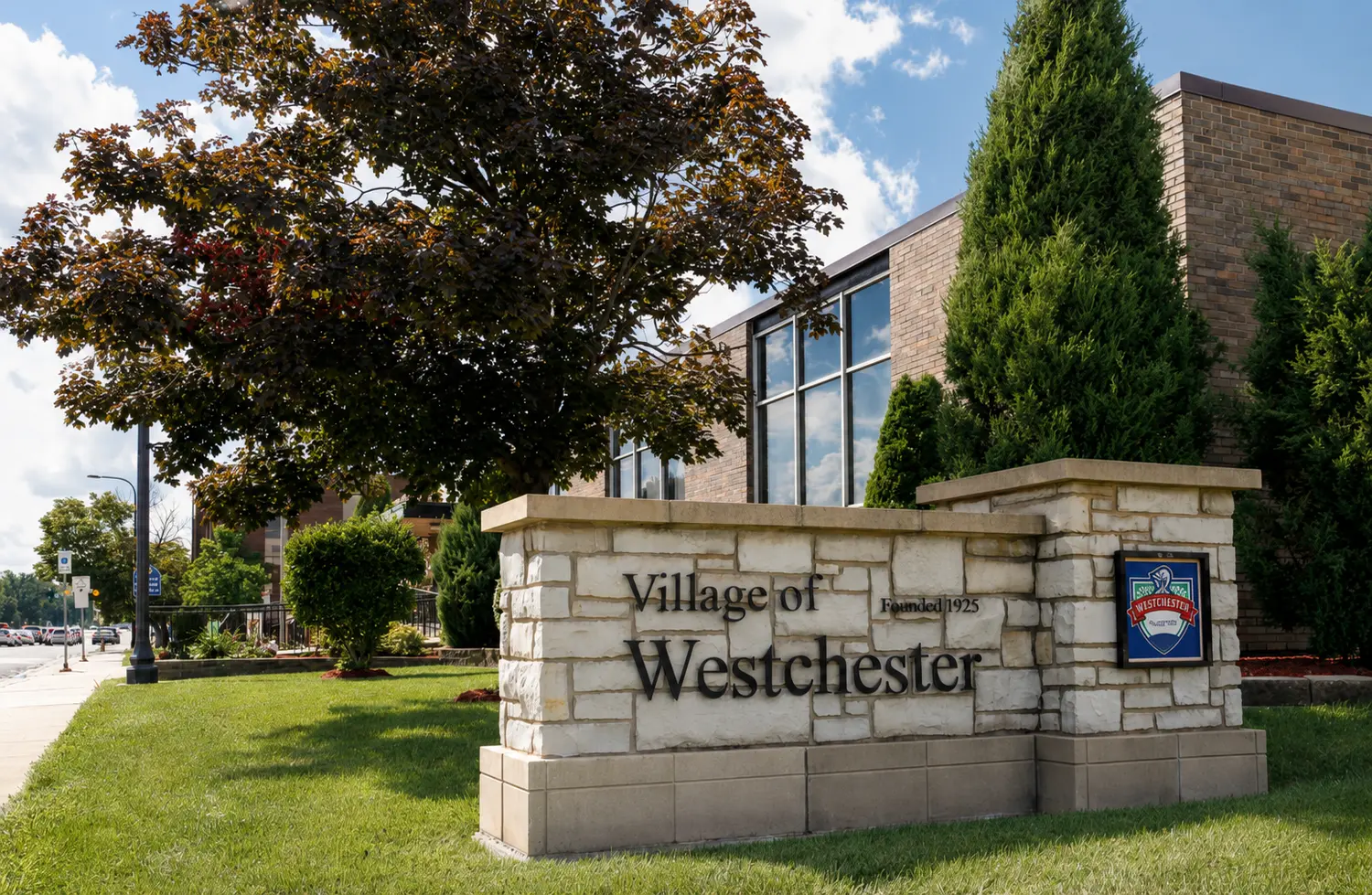 Village of Westchester sign outside the municipal building in Westchester, Illinois