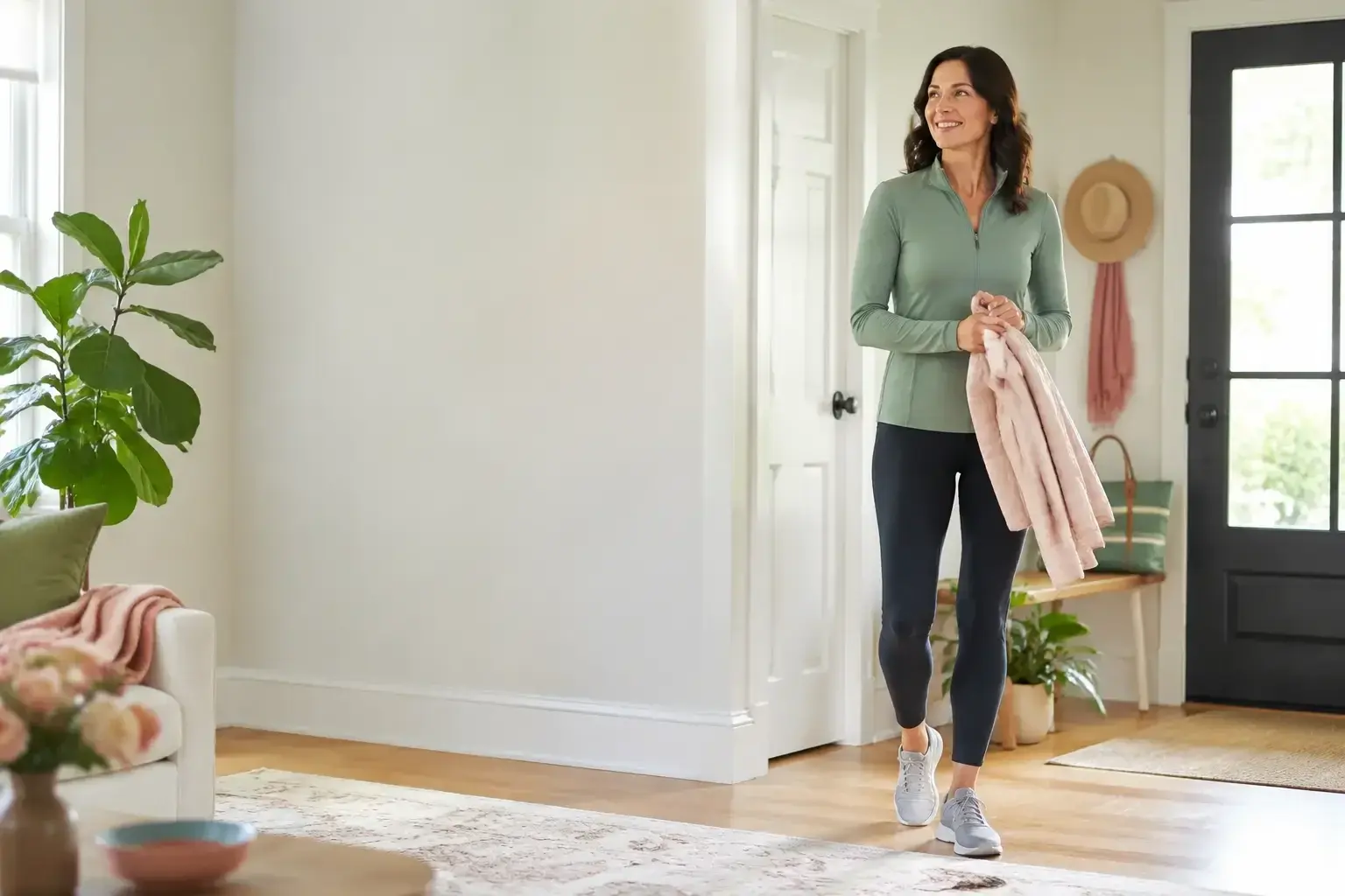 Woman leaving home with confidence