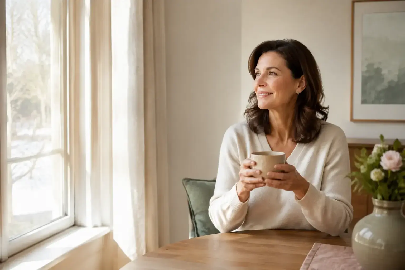 Woman relaxing comfortably at home with morning tea