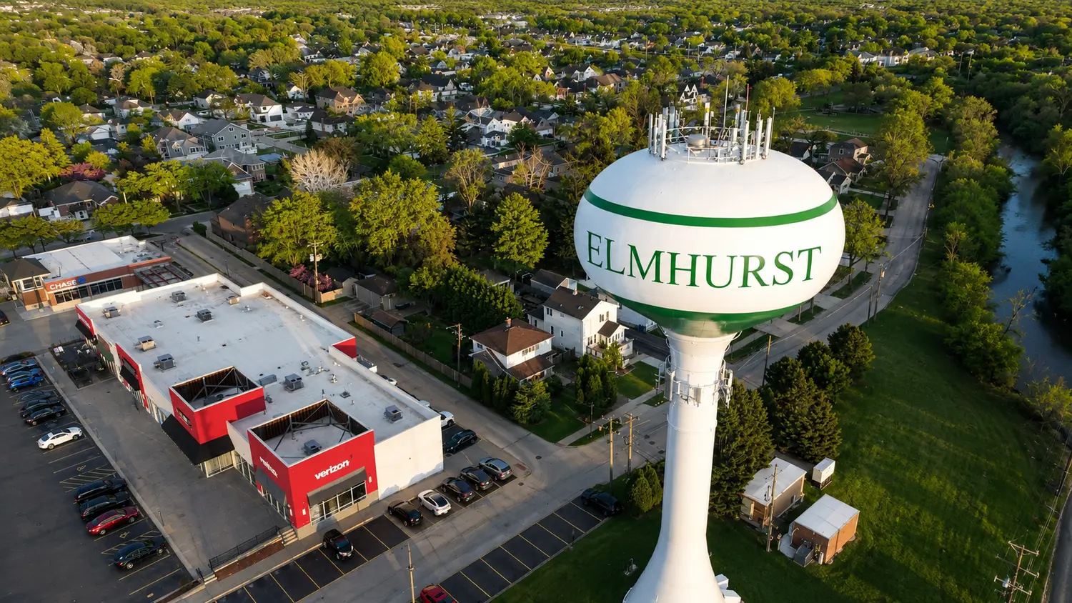 Elmhurst water tower above downtown Elmhurst, Illinois
