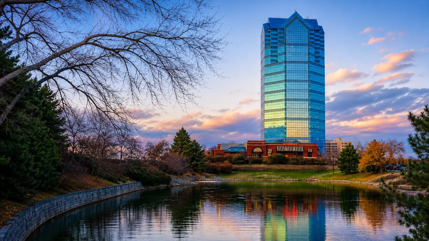 Oak Brook skyline and office tower in Oak Brook, Illinois