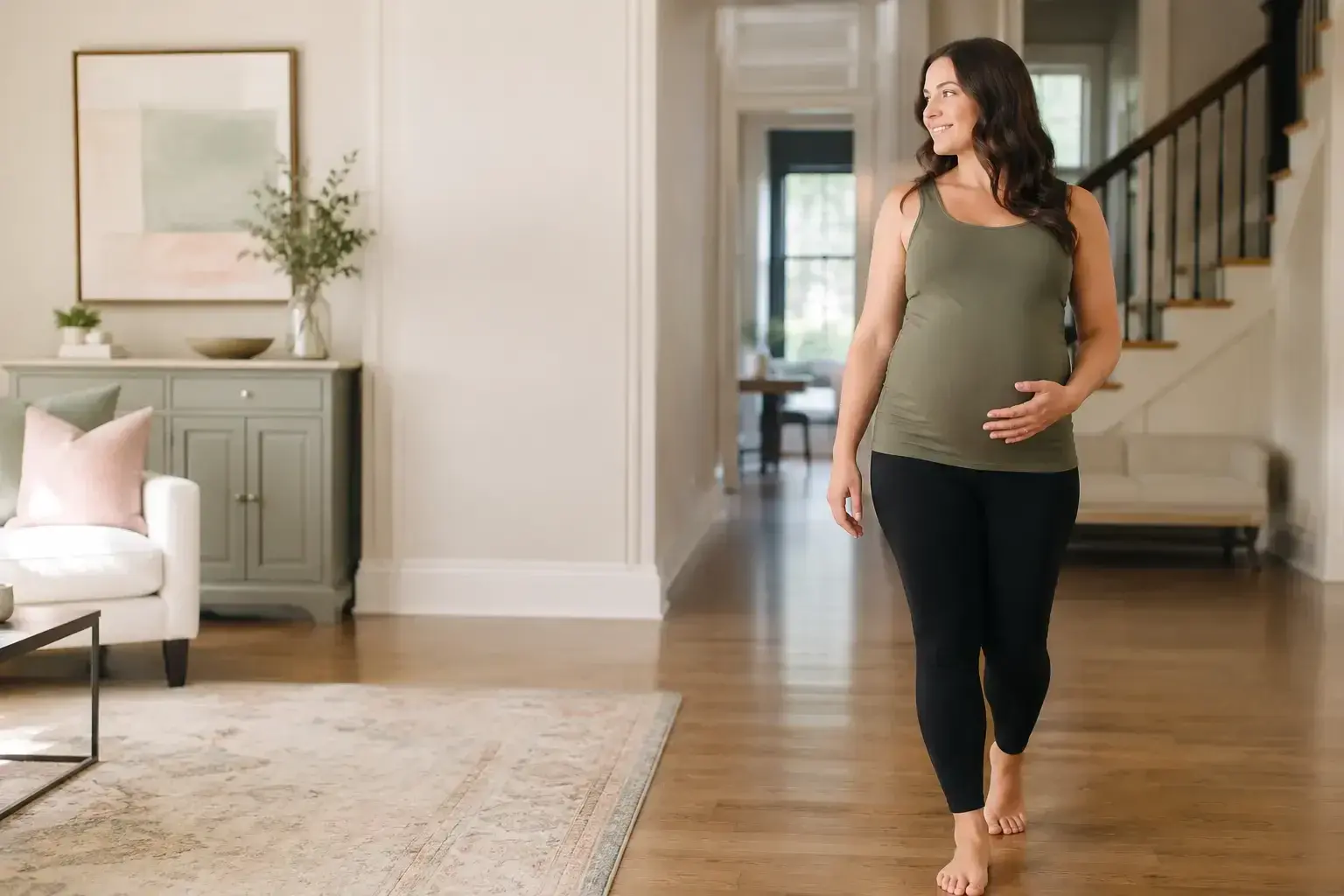Pregnant woman moving comfortably at home