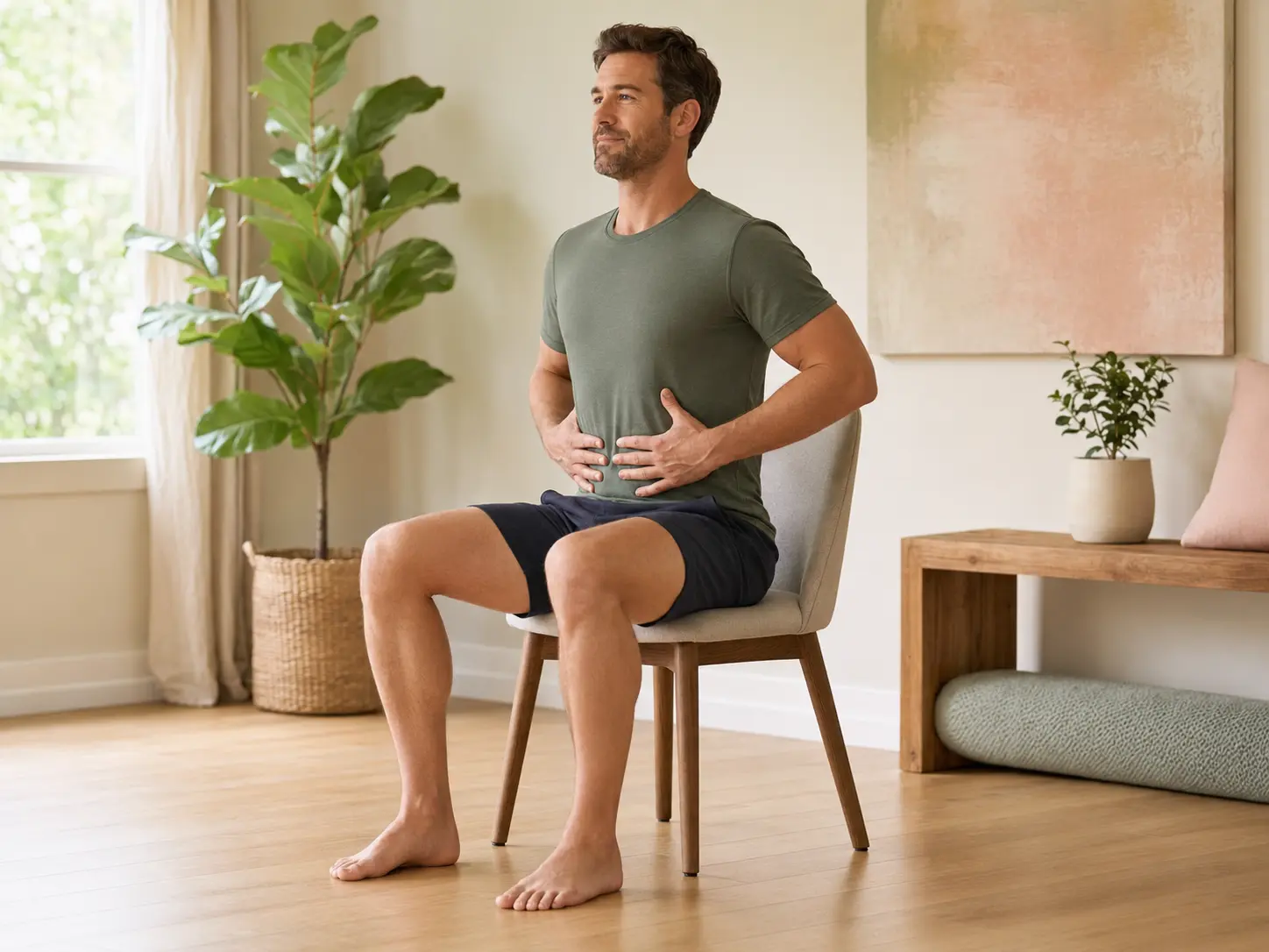 Person practicing a seated pelvic floor contraction