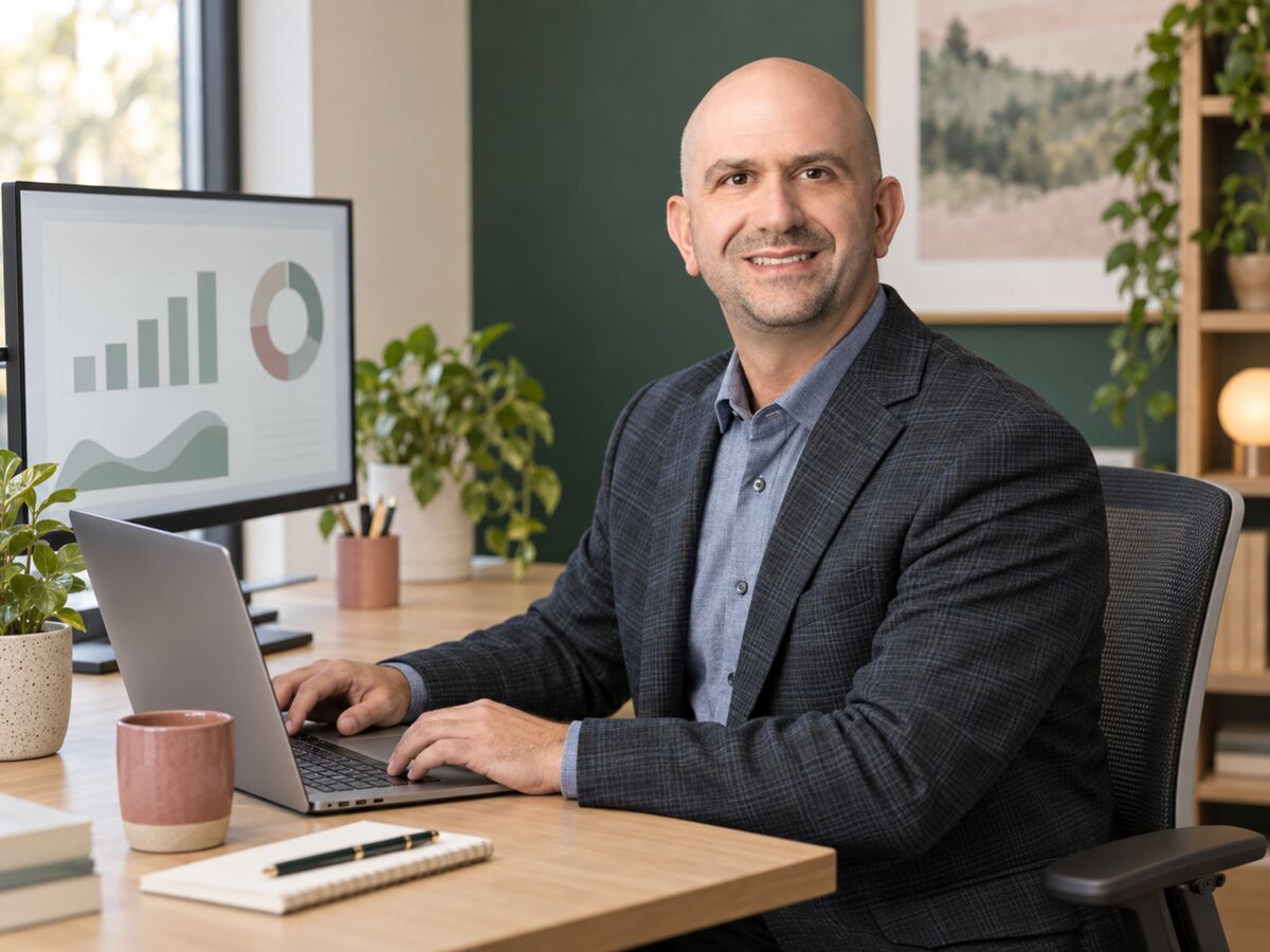 Mark Scholl working at a desk on business operations and growth for The Healthy Pelvis
